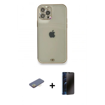 MARSİLYAN™- iPhone 12 Pro Kılıf Eksen Minimal Koleksiyonu - Siyah 3D Antistatik Hayalet Cam Ekran Koruyucu + Renkli Kamera Lens Koruma Cam - SI