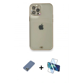MARSİLYAN™- iPhone 12 Pro Kılıf Eksen Minimal Koleksiyonu - Siyah 3D Antistatik Seramik Nano Ekran Koruyucu + Metal Kamera Lens Koruma Cam - AKYL