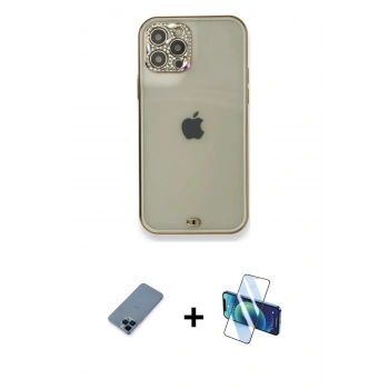 MARSİLYAN™- iPhone 12 Pro Kılıf Eksen Minimal Koleksiyonu - Siyah 3D Antistatik Seramik Nano Ekran Koruyucu + Metal Kamera Lens Koruma Cam - MI