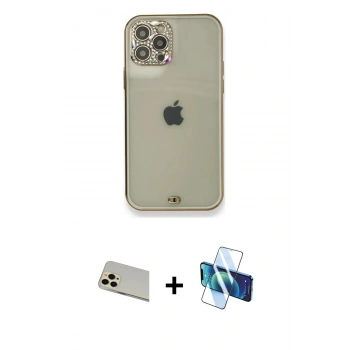 MARSİLYAN™- iPhone 12 Pro Kılıf Eksen Minimal Koleksiyonu - Siyah 3D Antistatik Seramik Nano Ekran Koruyucu + Rainbow Kamera Lens Koruma Cam - GD