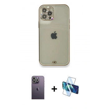 MARSİLYAN™- iPhone 12 Pro Kılıf Eksen Minimal Koleksiyonu - Siyah 3D Antistatik Seramik Nano Ekran Koruyucu + Neon Fosforlu Kamera Lens - BZ