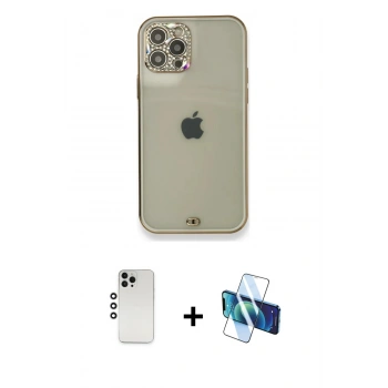 MARSİLYAN™- iPhone 12 Pro Kılıf Eksen Minimal Koleksiyonu - Siyah 3D Antistatik Seramik Nano Ekran Koruyucu + Shine Kamera Lens - GS