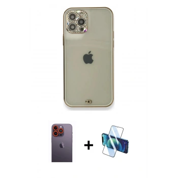MARSİLYAN™- iPhone 12 Pro Kılıf Eksen Minimal Koleksiyonu - Siyah 3D Antistatik Seramik Nano Ekran Koruyucu + Neon Fosforlu Kamera Lens - TU