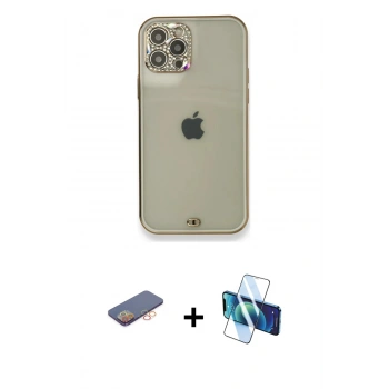 MARSİLYAN™- iPhone 12 Pro Kılıf Eksen Minimal Koleksiyonu - Siyah 3D Antistatik Seramik Nano Ekran Koruyucu + Renkli Kamera Lens Koruma Cam - TU