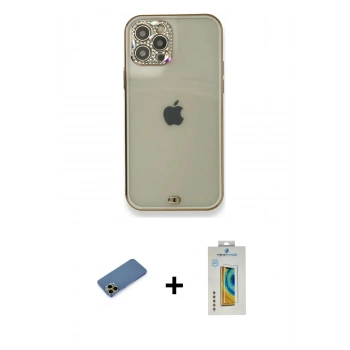 MARSİLYAN™- iPhone 12 Pro Kılıf Eksen Minimal Koleksiyonu - Siyah Polymer Nano Ekran Koruyucu + Shine Kamera Lens Koruma Cam - GD