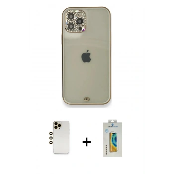 MARSİLYAN™- iPhone 12 Pro Kılıf Eksen Minimal Koleksiyonu - Siyah Polymer Nano Ekran Koruyucu + Shine Kamera Lens - GD