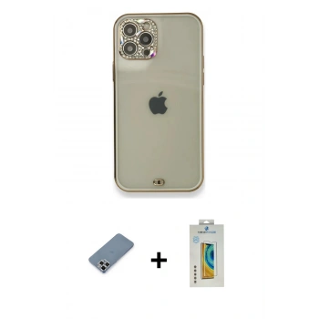 MARSİLYAN™- iPhone 12 Pro Kılıf Eksen Minimal Koleksiyonu - Siyah Polymer Nano Ekran Koruyucu + Metal Kamera Lens Koruma Cam - GS