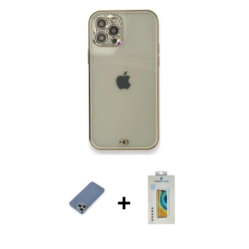MARSİLYAN™- iPhone 12 Pro Kılıf Eksen Minimal Koleksiyonu - Siyah Polymer Nano Ekran Koruyucu + Metal Kamera Lens Koruma Cam - AKYL