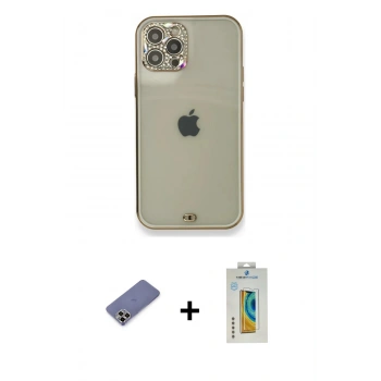 MARSİLYAN™- iPhone 12 Pro Kılıf Eksen Minimal Koleksiyonu - Siyah Polymer Nano Ekran Koruyucu + Metal Kamera Lens Koruma Cam - GD