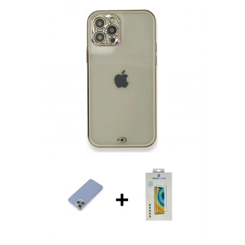 MARSİLYAN™- iPhone 12 Pro Kılıf Eksen Minimal Koleksiyonu - Siyah Polymer Nano Ekran Koruyucu + Metal Kamera Lens Koruma Cam - KUYL