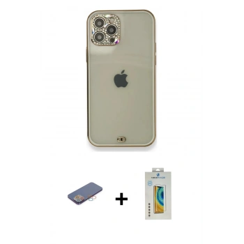 MARSİLYAN™- iPhone 12 Pro Kılıf Eksen Minimal Koleksiyonu - Siyah Polymer Nano Ekran Koruyucu + Renkli Kamera Lens Koruma Cam - PE