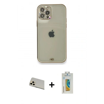MARSİLYAN™- iPhone 12 Pro Kılıf Eksen Minimal Koleksiyonu - Siyah Polymer Nano Ekran Koruyucu + Rainbow Kamera Lens Koruma Cam - GD