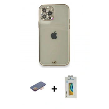 MARSİLYAN™- iPhone 12 Pro Kılıf Eksen Minimal Koleksiyonu - Siyah Polymer Nano Ekran Koruyucu + Renkli Kamera Lens Koruma Cam - TU
