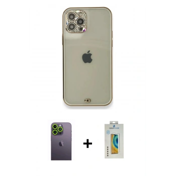 MARSİLYAN™- iPhone 12 Pro Kılıf Eksen Minimal Koleksiyonu - Siyah Polymer Nano Ekran Koruyucu + Neon Fosforlu Kamera Lens - YL