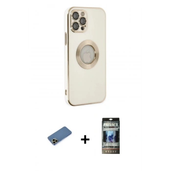 MARSİLYAN™- iPhone 12 Pro Kılıf İz Form Serisi - Siyah 34D Hayalet Izgaralı Cam + Shine Kamera Lens Koruma Cam - GD
