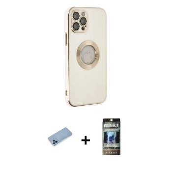 MARSİLYAN™- iPhone 12 Pro Kılıf İz Form Serisi - Siyah 34D Hayalet Izgaralı Cam + Shine Kamera Lens Koruma Cam - MI