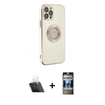 MARSİLYAN™- iPhone 12 Pro Kılıf İz Form Serisi - Siyah 34D Hayalet Izgaralı Cam + Kamera Lens Koruma Cam - SF