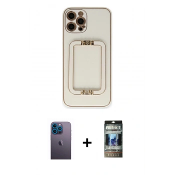 MARSİLYAN™- iPhone 12 Pro Kılıf Kozmos Minimal Prime - Siyah 34D Hayalet Izgaralı Cam + Neon Fosforlu Kamera Lens - MI