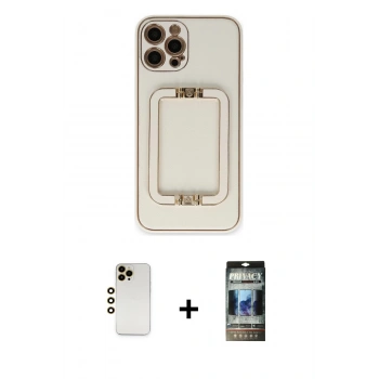 MARSİLYAN™- iPhone 12 Pro Kılıf Kozmos Minimal Prime - Siyah 34D Hayalet Izgaralı Cam + Shine Kamera Lens - GD