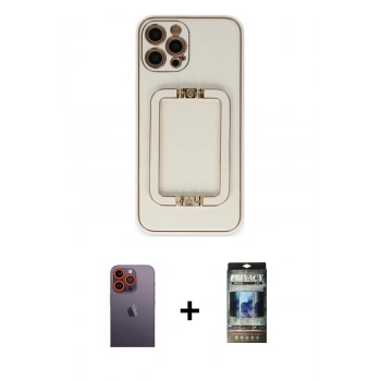 MARSİLYAN™- iPhone 12 Pro Kılıf Kozmos Minimal Prime - Siyah 34D Hayalet Izgaralı Cam + Neon Fosforlu Kamera Lens - TU