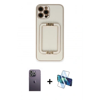 MARSİLYAN™- iPhone 12 Pro Kılıf Kozmos Minimal Prime - Siyah 3D Antistatik Cam Ekran Koruyucu + Neon Fosforlu Kamera Lens - BZ