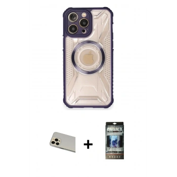 MARSİLYAN™- iPhone 12 Pro Kılıf Kutup Modern - Siyah 34D Hayalet Izgaralı Cam + Rainbow Kamera Lens Koruma Cam - GD