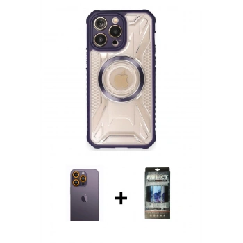 MARSİLYAN™- iPhone 12 Pro Kılıf Kutup Modern - Siyah 34D Hayalet Izgaralı Cam + Neon Fosforlu Kamera Lens - SI