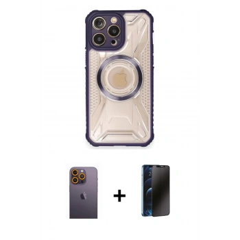 MARSİLYAN™- iPhone 12 Pro Kılıf Kutup Modern - Siyah 3D Antistatik Hayalet Cam Ekran Koruyucu + Neon Fosforlu Kamera Lens - SI