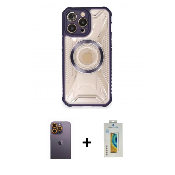 MARSİLYAN™- iPhone 12 Pro Kılıf Kutup Modern - Siyah Polymer Nano Ekran Koruyucu + Neon Fosforlu Kamera Lens - SI