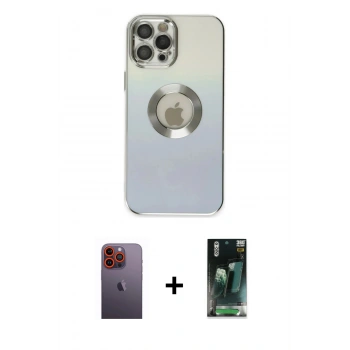 MARSİLYAN™- iPhone 12 Pro Kılıf Kutup Yansıma Özel Seri - Şeffaf 360 Full Body Arka Koruyucu + Neon Fosforlu Kamera Lens - TU