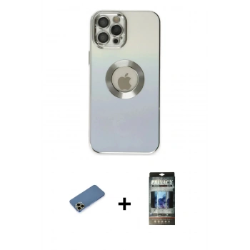 MARSİLYAN™- iPhone 12 Pro Kılıf Kutup Yansıma Özel Seri - Siyah 34D Hayalet Izgaralı Cam + Shine Kamera Lens Koruma Cam - GD