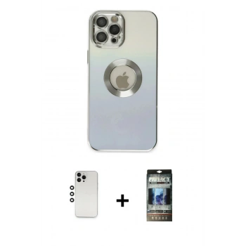 MARSİLYAN™- iPhone 12 Pro Kılıf Kutup Yansıma Özel Seri - Siyah 34D Hayalet Izgaralı Cam + Shine Kamera Lens - GS