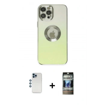 MARSİLYAN™- iPhone 12 Pro Kılıf Kutup Yansıma Özel Seri - Siyah 34D Hayalet Izgaralı Cam + Shine Kamera Lens - MI