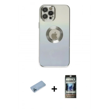 MARSİLYAN™- iPhone 12 Pro Kılıf Kutup Yansıma Özel Seri - Siyah 34D Hayalet Izgaralı Cam + Shine Kamera Lens Koruma Cam - MI