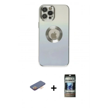 MARSİLYAN™- iPhone 12 Pro Kılıf Kutup Yansıma Özel Seri - Siyah 34D Hayalet Izgaralı Cam + Renkli Kamera Lens Koruma Cam - TU