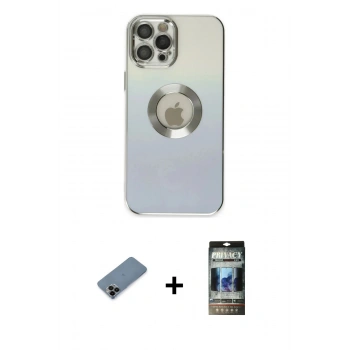 MARSİLYAN™- iPhone 12 Pro Kılıf Kutup Yansıma Özel Seri - Siyah 34D Hayalet Izgaralı Cam + Shine Kamera Lens Koruma Cam - SH