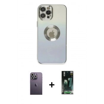 MARSİLYAN™- iPhone 12 Pro Kılıf Kutup Yansıma Özel Seri - Siyah 360 Mat Full Body Arka Koruyucu + Neon Fosforlu Kamera Lens - BZ