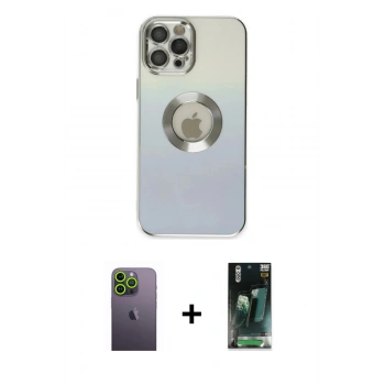 MARSİLYAN™- iPhone 12 Pro Kılıf Kutup Yansıma Özel Seri - Siyah 360 Mat Full Body Arka Koruyucu + Neon Fosforlu Kamera Lens - YL