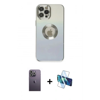 MARSİLYAN™- iPhone 12 Pro Kılıf Kutup Yansıma Özel Seri - Siyah 3D Antistatik Cam Ekran Koruyucu + Neon Fosforlu Kamera Lens - BZ