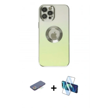 MARSİLYAN™- iPhone 12 Pro Kılıf Kutup Yansıma Özel Seri - Siyah 3D Antistatik Cam Ekran Koruyucu + Renkli Kamera Lens Koruma Cam - MI