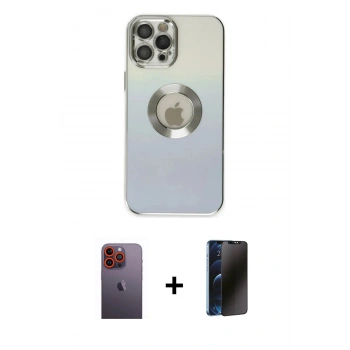 MARSİLYAN™- iPhone 12 Pro Kılıf Kutup Yansıma Özel Seri - Siyah 3D Antistatik Hayalet Cam Ekran Koruyucu + Neon Fosforlu Kamera Lens - TU
