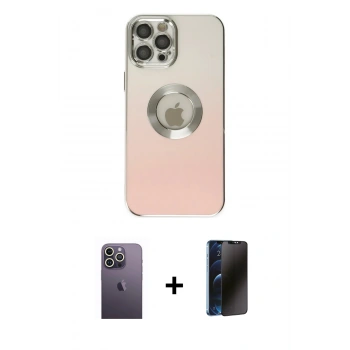 MARSİLYAN™- iPhone 12 Pro Kılıf Kutup Yansıma Özel Seri - Siyah 3D Antistatik Hayalet Cam Ekran Koruyucu + Neon Fosforlu Kamera Lens - BZ