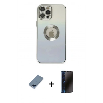 MARSİLYAN™- iPhone 12 Pro Kılıf Kutup Yansıma Özel Seri - Siyah 3D Antistatik Hayalet Cam Ekran Koruyucu + Metal Kamera Lens Koruma Cam - MI