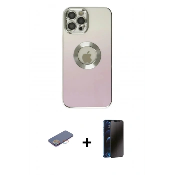 MARSİLYAN™- iPhone 12 Pro Kılıf Kutup Yansıma Özel Seri - Siyah 3D Antistatik Hayalet Cam Ekran Koruyucu + Renkli Kamera Lens Koruma Cam - PE