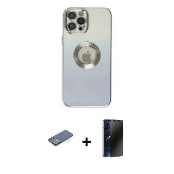 MARSİLYAN™- iPhone 12 Pro Kılıf Kutup Yansıma Özel Seri - Siyah 3D Antistatik Hayalet Cam Ekran Koruyucu + Renkli Kamera Lens Koruma Cam - YL