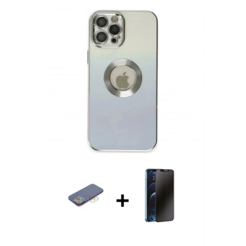 MARSİLYAN™- iPhone 12 Pro Kılıf Kutup Yansıma Özel Seri - Siyah 3D Antistatik Hayalet Cam Ekran Koruyucu + Renkli Kamera Lens Koruma Cam - MI