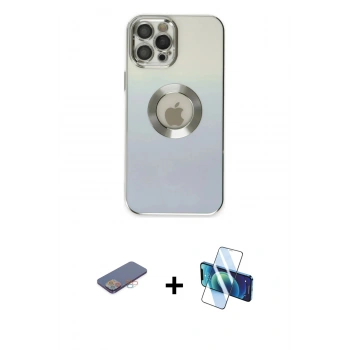 MARSİLYAN™- iPhone 12 Pro Kılıf Kutup Yansıma Özel Seri - Siyah 3D Antistatik Seramik Nano Ekran Koruyucu + Renkli Kamera Lens Koruma Cam - PE