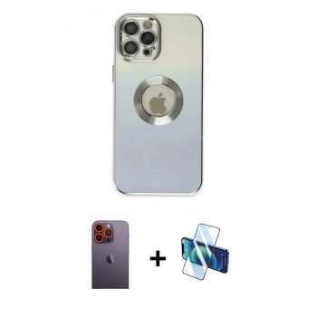 MARSİLYAN™- iPhone 12 Pro Kılıf Kutup Yansıma Özel Seri - Siyah 3D Antistatik Seramik Nano Ekran Koruyucu + Neon Fosforlu Kamera Lens - TU