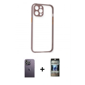 MARSİLYAN™- iPhone 12 Pro Kılıf Nova Asil Özel Seri - Siyah 34D Hayalet Izgaralı Cam + Neon Fosforlu Kamera Lens - BZ