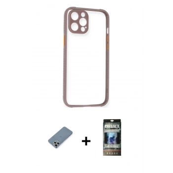 MARSİLYAN™- iPhone 12 Pro Kılıf Nova Asil Özel Seri - Siyah 34D Hayalet Izgaralı Cam + Metal Kamera Lens Koruma Cam - GS